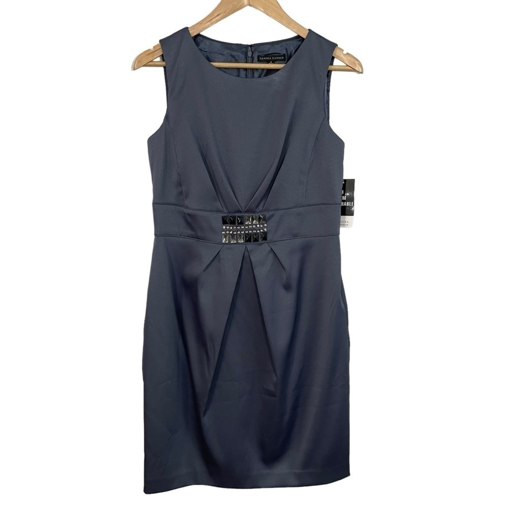 Sandra Darren Sheath Dress Sz 8 Dark Grey Matte Satin Beaded Gems Cocktail Party